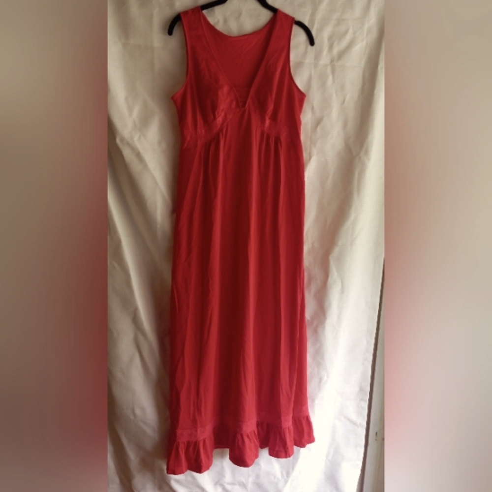 Vintage Red Shadowline maxi with ruffled trim and empire waist lace trim - Picture 1 of 6